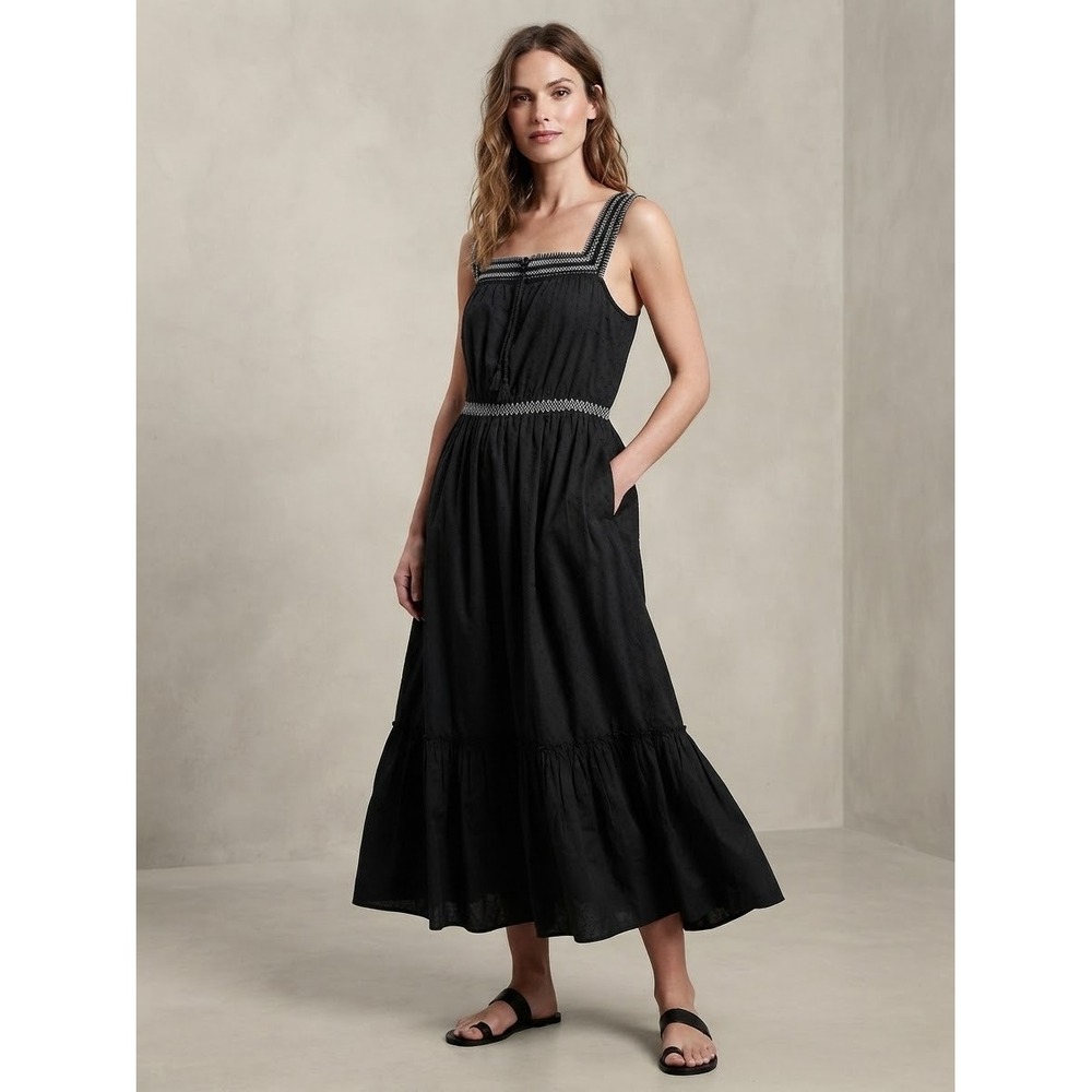 Old Navy Black Swiss Dot Embroidered Sleeveless Dress Boho Pocket Whimsigoth